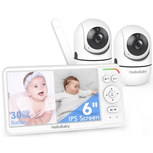 HelloBaby World's First 6" IPS Split Screen Baby Monitor with 2 Cameras - No WiFi, 30hr Battery, 355° Pan-Tilt, Night Vision, 1000ft, Portable Travel Video Audio Monitors with Temp Alert/Lullabies/VOX