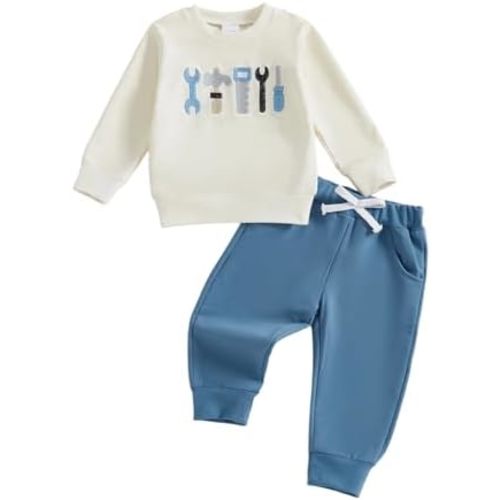 FOCUSNORM Toddler Baby Boy Fall Winter Outfit Excavator Embroidered Long Sleeve Sweatshirt Elastic Jogger Pant 2 Pcs Clothes
