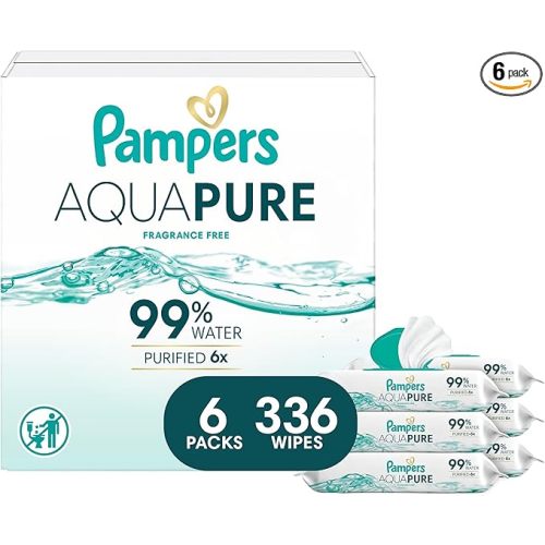 Pampers Aqua Pure Baby Wipes, 99% Water, Fragrance Free, 336 Baby Wipes Total (6X Flip-Top Packs) [Packaging May Vary]