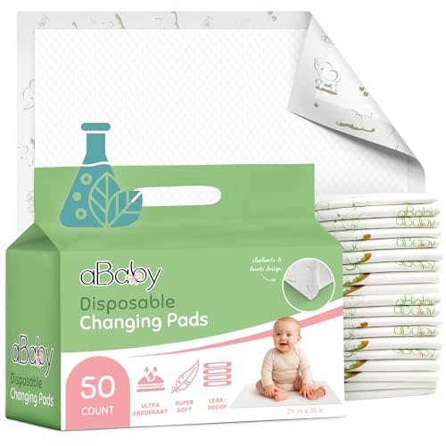 Disposable Changing Pads for Baby (50 Pack) Super Soft and Ultra Absorbent Baby Changing Pad - Leak Proof Diaper Changing Pads for Stress-Free Baby Diaper Changes - Green Elephant