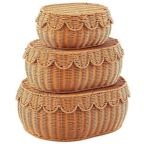 3 Pcs Scalloped Basket with Lid Hand Woven Wicker Set 18 x 14 x 6 Inch Rattan Storage, Decorative Scalloped Edge Basket for Bread Picnic Table Bathroom Decor