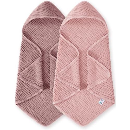 lulumoon Hooded Baby Bath Towels: 6-Layer Muslin Cotton for Newborn - Soft Absorbent & Breathable - Perfect for After-Bath Warmth 2-Pack 32x32 Inch（Pink）
