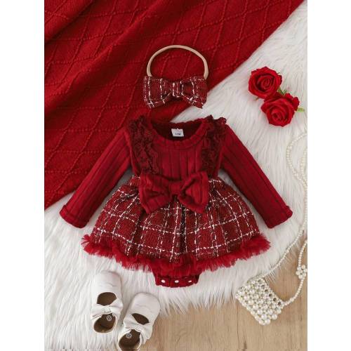 1pc Wine Red Woven Long Sleeve Bow Tie Mesh Hem Dress | SHEIN USA