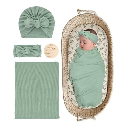 ZURLEFY Stretchy Baby Swaddle Blanket and Headband Set, Newborn Receiving Blankets with Matching Hat for Nursery Swaddle Wrap