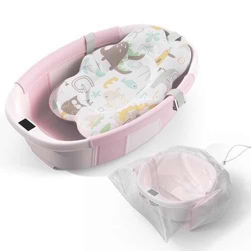 TOSGN Collapsible Baby Bathtub, 3s to Install, Baby Bath Tub with Soft Cushion & Thermometer, 0-36 Months Newborn Bathtub,Portable Travel Baby Tub, Pink