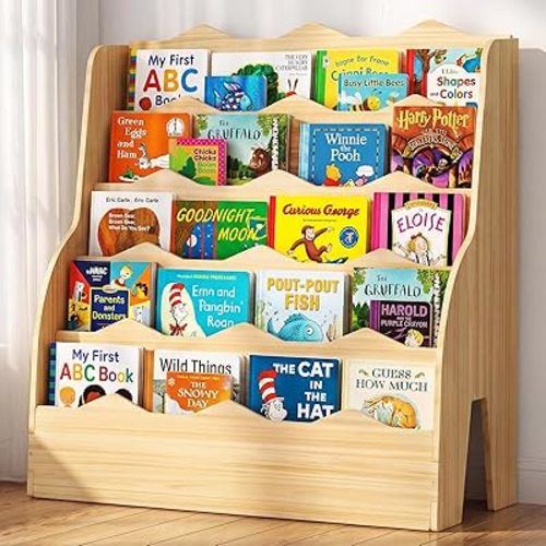 5 Tier Book Shelf for Kids Room, Large Capacity Nursery Bookshelf 31.5" W * 31.5" H, Wooden Scalloped Montessori Bookshelf for Toddler Children, Bookcase for Classroom Bedroom