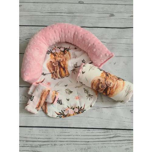 Highland Cow Baby Car seat Cover Bundle Set, Infant Car Seat Cushions, Infant Head Support Pillow, Arm Cushion, Infant Strap Covers