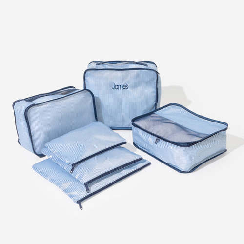 Monogrammed Youth Packing Bag Set | Blue Seersucker