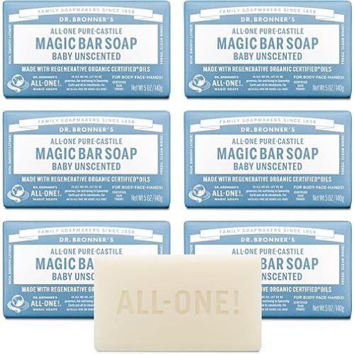 Dr. Bronner's Pure-Castile Magic Bar Soap (Baby Unscented, 5 oz, 6-Pack) - Made with Regenerative Organic Certified Oils, For Face, Body & Hair, Gentle for Sensitive Skin - Vegan, Non-GMO