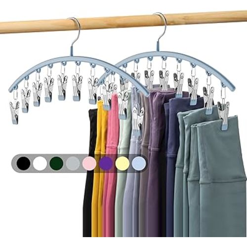 Legging Organizer for Closet, Metal Yoga Pants Hanger w/Rubber Coated 2 Pack w/10 Clips Hold 20 Leggings, Hangers Space Saving Hanging Closet Organizer for Closet Organizers and Storage, Blue