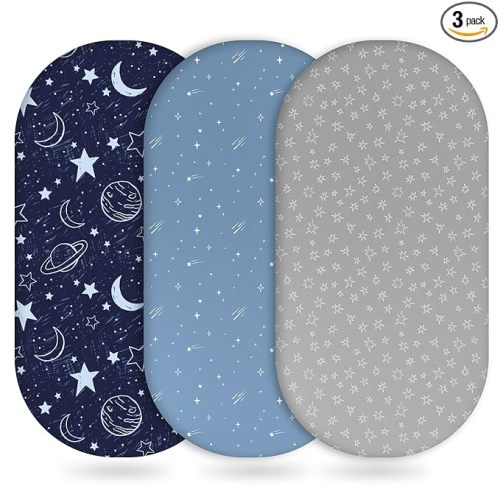 Baby Bassinet Sheets Girl Boy, Fitted Bassinet Sheet Set 3 Pack Bassinet Mattress Sheets Universal Fit for Rectangle, Round, Oval, Hourglass Mattress, Soft Breathable Blue Gray Planet