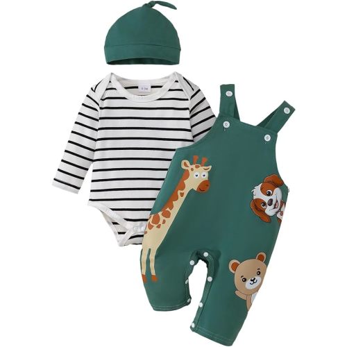 Baby Boy Clothes Fall Winter Outfits Infant Long Sleeve Striped Romper Cartoon Suspender Overalls 3 Pcs 0-18 Months