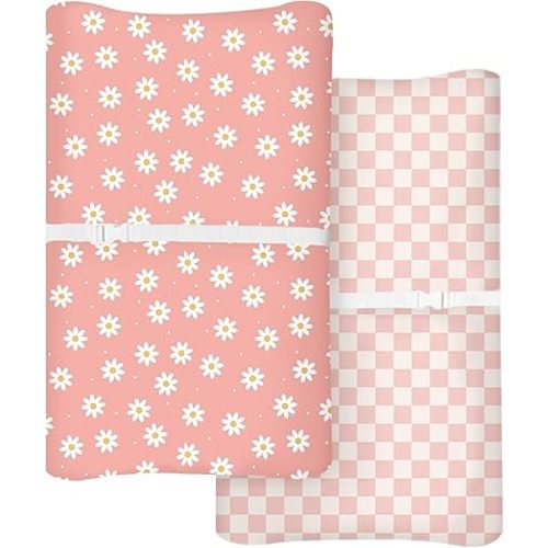 Changing Pad Cover for Baby Boys Girls 2 Pack, Fits Standard 32”×16” Changing Table Pads, Silky Breathable Stretch Knit, Machine Washable (Rosy Days)