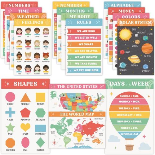 Fun Educational Posters for Toddlers 1–3 - Set of 16 Learning Posters for Classroom or Home - Laminated Wall Charts with ABC, Numbers, Colors, Shapes