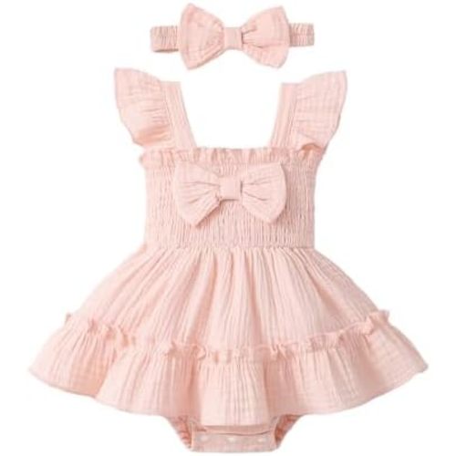 Baby Girl Smocked Romper Dress Ruffle Bow Summer Outfit