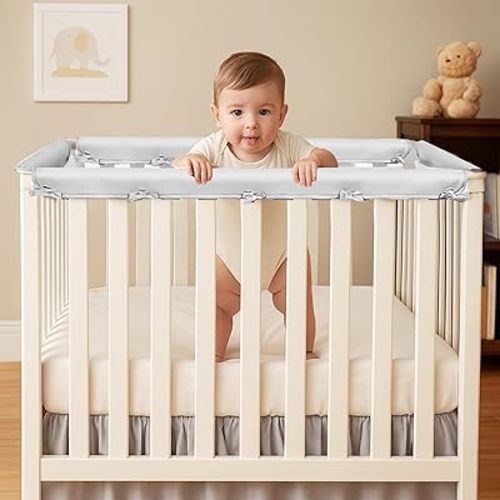 4Pcs Crib Rail Guard & Protector for Sides, Baby-Safe Crib Rail Cover with Soft Padding, Breathable Crib Chewing Guard, Easy to Install Crib Teething Rail Cover for Standard Cribs (White)