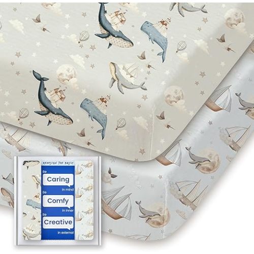 Graco Pack and Play Sheets Fitted, TotBasic Ultra Soft Mini Crib Sheets Boy, Neutral Pack N Play Mattress Sheets Hypoallergenic and Soothing, Premium Jersey Playrad Sheets, 2 Pack