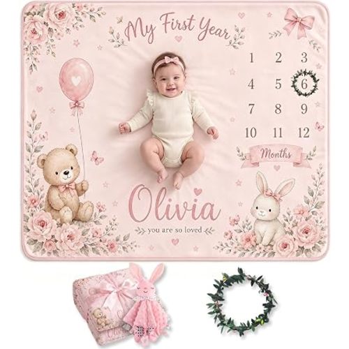 Personalized Baby Monthly Milestone Blanket with Name for Boy Girl(Pink)