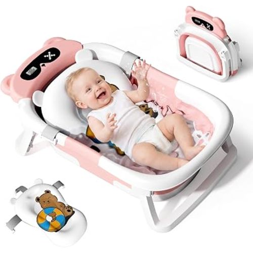 Collapsible Baby Bathtub for Newborn to Toddler (0-18 Months) - Foldable Baby Bath Tub with Soft Towel, Newborn& Infant Bathtub for Travel and Outdoor, Pink