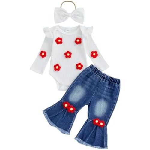 fhutpw Newborn Baby Girl Outfits Rib Knit Romper Jeans Flare Pants Headband Infant Fall Winter Clothes 0 3 6 9 12 18 Months
