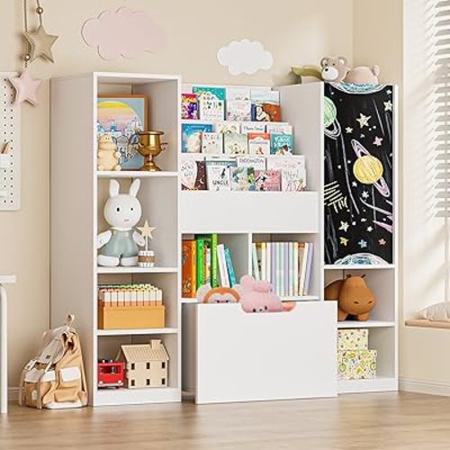 COOLBEBE 5-in-1 Kids Bookshelf and Toy Storage Organizer with Chalkboard, Montessori Bookcase with 8 Cubbies & Movable Drawer, White Wood Toy Shelf & Book Rack for Toddlers, Nursery, Playroom