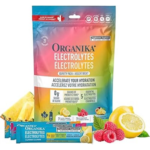 Organika Canadian-Made Electrolytes Powder with Vitamin C & Prebiotic Fibre - Sugar-Free Hydration Drink Mix Variety Pack - Lemonade, Raspberry & Pineapple Passionfruit - 21 Single-Serve Sachets x 3.5g