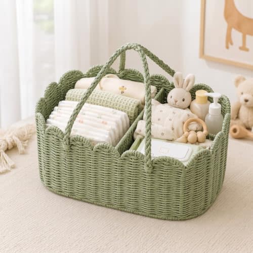 Handwoven Rattan Diaper Caddy Organizer Sage Green Scalloped Basket | Paper Rope Nursery Basket,with Removable Divider,Portable Car Organizer for Diapers, Newborn Essentials,Baby Shower Gifts