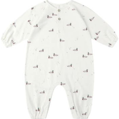 Duck Print Cotton Henley Bubble Romper, 3-6M