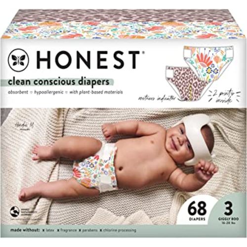 The Honest Company Clean Conscious Diapers | Plant-Based, Sustainable | Wild Thang + Flower Power | Club Box, Size 3 (16-28 lbs), 68 Count