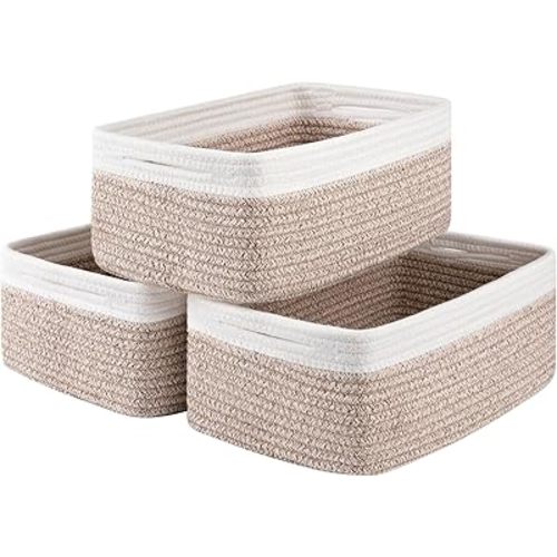 3 Pack Small Storage Baskets for Organizing, Cute Woven Decorative Gift Baskets for Shelves, Mini Closet Organizer Bins with Handles, 11.81''Lx7.87''Wx4.72''H-Brown and White