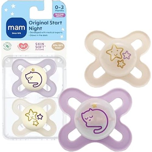 MAM Original Start Night Baby Pacifiers 0-3 Months Newborns, BPA-Free Skin Soft Silicone Nipple, Glows in The Dark, Developed with Medical Experts, 2 Count with Sterilizer Case