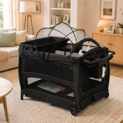 Rebrilliant Baby Playard with Bassinet, 5-in-1Bedside Sleeper, Changing Table, Canopy & Side Zipper, Portable Baby Playard | Wayfair