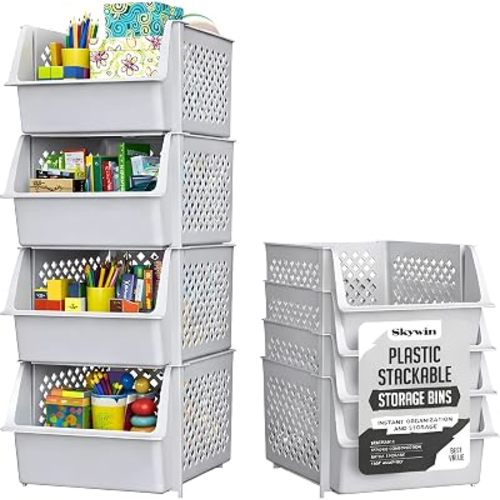 Stackable Storage Bins Open Front for Pantry Storage, 4 Pack - Light Grey