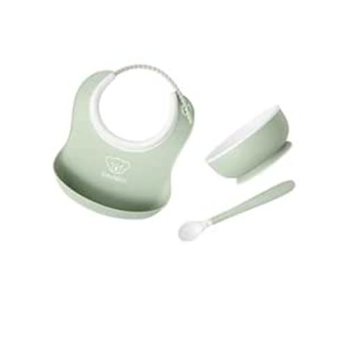 BabyBjörn Baby Feeding Set, 3 pcs, Powder Green | Includes Baby Plate, Baby Spoon, | Dishwasher Safe | Toddler Feeding Set for self-Feeding or Baby-led weaning