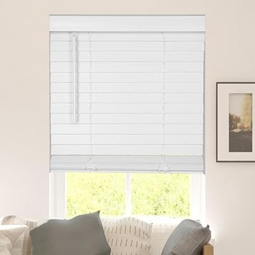 CALYX INTERIORS Faux Wood Blinds with Classic Valance, Cordless, 2" Slat, 27.5" W x 60" H, Blinds for Indoor Windows, Room Darkening Window Blinds for Home Interior Windows and Doors, Pure White