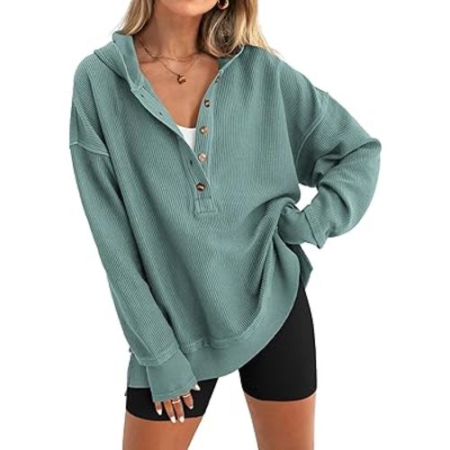 PRETTYGARDEN Womens Fashion 2026 Oversized Long Sleeve Hoodie Button Down V Neck Sweatshirt Side Slit Casual Pullover Tops