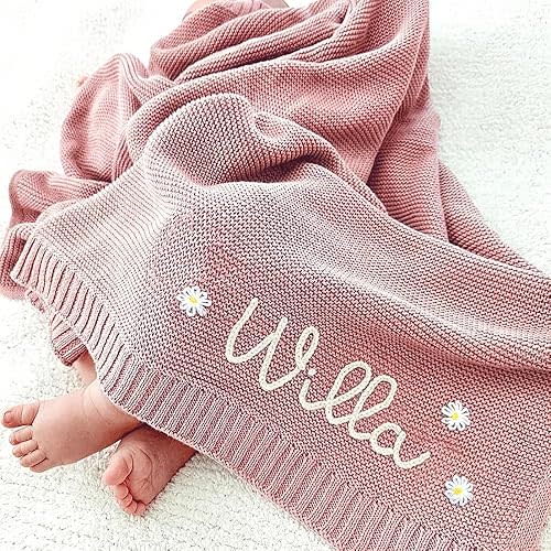Personalized Knit Hand Embroidered Baby Name Blanket Custom Embroidery Cotton Nursery Blanket Gifts for Newborn Baby Boy and Girl Newborn Holiday Shower Gift Cotton Knit Stroller