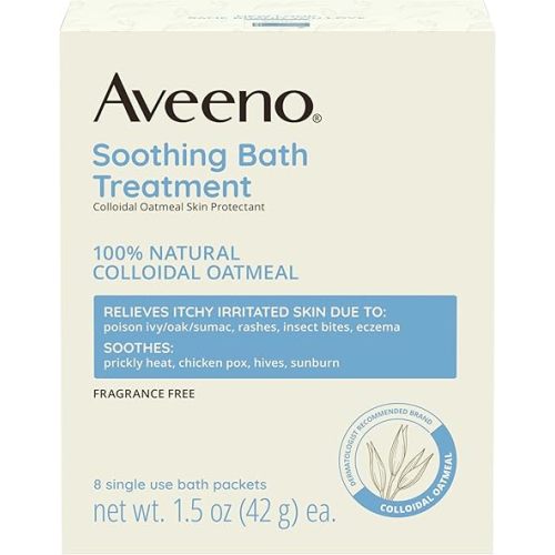 Aveeno Fragrance-Free Soothing Bath Treatment & Soak for Soothing Relief, 100% Natural Colloidal Oatmeal, Relieves Itchy, Irritated Skin Due to Eczema, 8 Single-Use Bath Packets