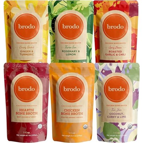 Brodo Broth Variety Pack | 1 Chicken, 1 Hearth, 1 Deeply Rooted, 1 Spicy Nonna, 1 Tom Yum, 1 Tuscan Sun Single Serving Pouches | Not Made From Concentrate, No Preservatives (6x 8.3 oz Pouches)