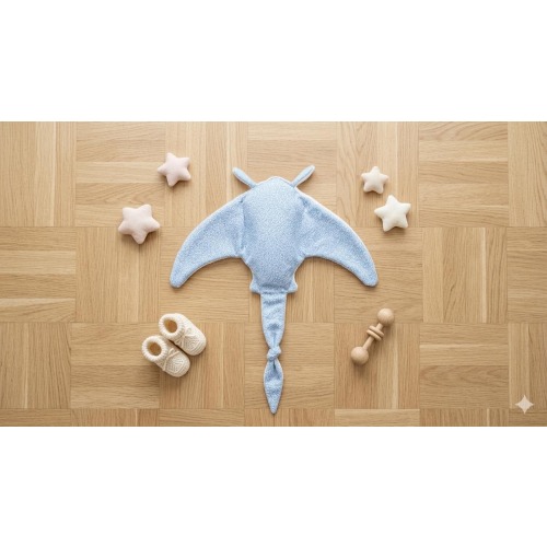 Stingray-patterned cuddly toy for babies | Handmade cotton and terry cloth comforter | Blue floral pattern | Baby gift | 45 x 55 cm