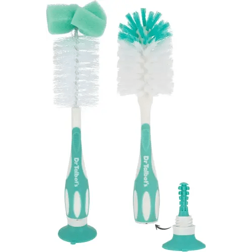 Dr. Talbot’s Bottle and Nipple Brush, Soft Nylon Bristles, Sponge Top, Handle with Suction Base, 2 Pack, Aqua