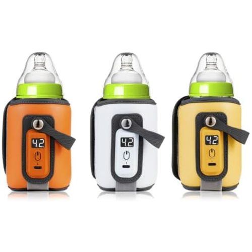 Portable Baby Bottle Warmer with 5 Temperature Settings, Waterproof and Washable Design, Fits All Bottles, LED Display, USB-C Suitable for Home and Travel (Yellow)