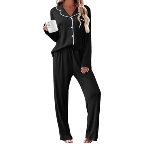 Ekouaer Womens Pajama Sets 2 Piece Long Sleeve Sleepwear Soft Button Down Pjs Lounge Set S-XXL