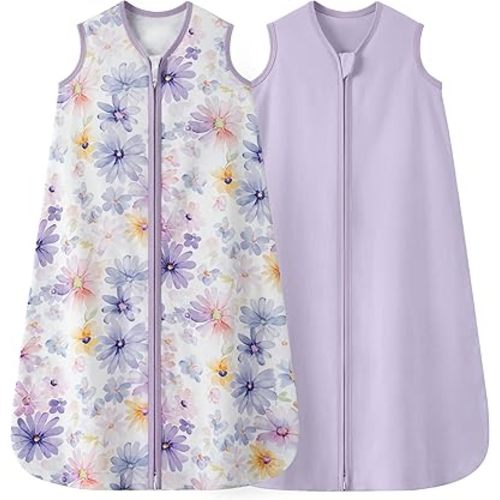 Baby Sleep Sack 6-12 Months 0.5 TOG, 100% Cotton Baby Wearable Blanket 2 Pack with 2-Way Zipper, Lightweight Sleep Bag for Boys ＆ Girls Newborn Infant Breathable Sleeing Sack Purple Flower