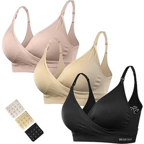 HOFISH 3 Pack Nursing Bras for Breastfeeding, Wireless V Neck Maternity Women Pregnancy Sleep Bralette with Extra Extenders