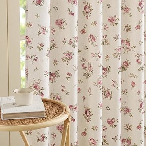 NICETOWN Vintage Pink Rose Floral Curtains for Bedroom & Living Room, Linen Blend Drapes with Shabby Chic Floral Pattern, Privacy & Light Filtering, Romantic Country Style, W52 x L84 in, 2 Panel