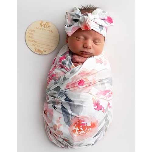 Newborn Baby Girl Receiving Blanket Swaddle Blanket Stretchy Knit Swaddle Set with Matching Headband Beanie with a Name Card (Pink Floral Ink Leaf)