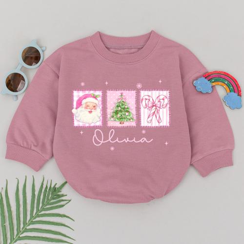 Personalized Retro Pink Christmas Romper, Custom Name 1st Christmas Bodysuit, Winter Baby Outfit, Xmas Baby Clothes, Baby Shower Gift