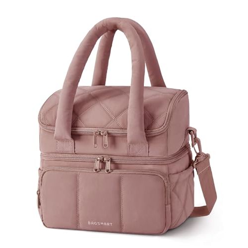 BAGSMART Lunch Bag Women, Double Deck Insulated Lunch Box, Quilted Puffer Lunch Tote, Leakproof, Durable & Reusable Large Lunch Cooler For Work Picnic Travel Meal Prep, Dark Pink