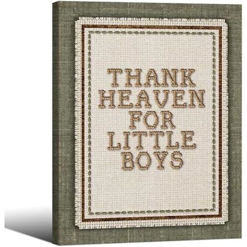 Wrapped Framed Thank Heaven for Little Boys Wall Art 12x16 inch Toddler Boy Quotes Poster Modern Minimalist Canvas Prints For Vintage Kids Nursery Playroom Bedroom Wall Decor